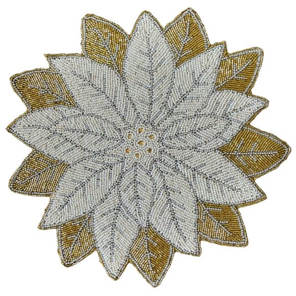 Max Studio Handmade Beaded POINSETTIA Placemat Charger 15in Glam Gold Ivory NEW - Picture 4 of 10